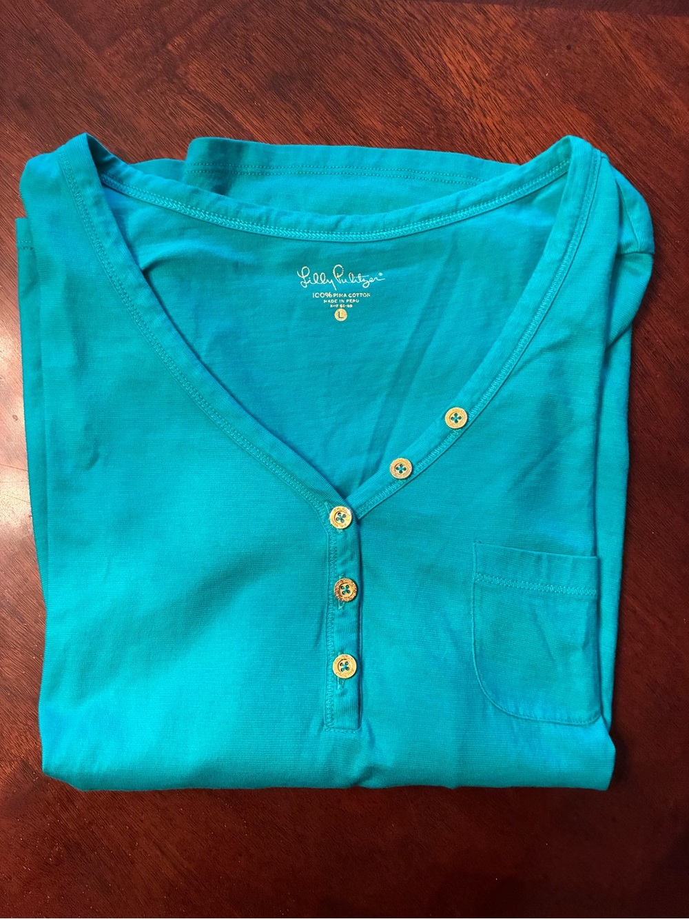 Lilly Pulitzer Turquoise V-Neck Henley Top with Chest Pocket